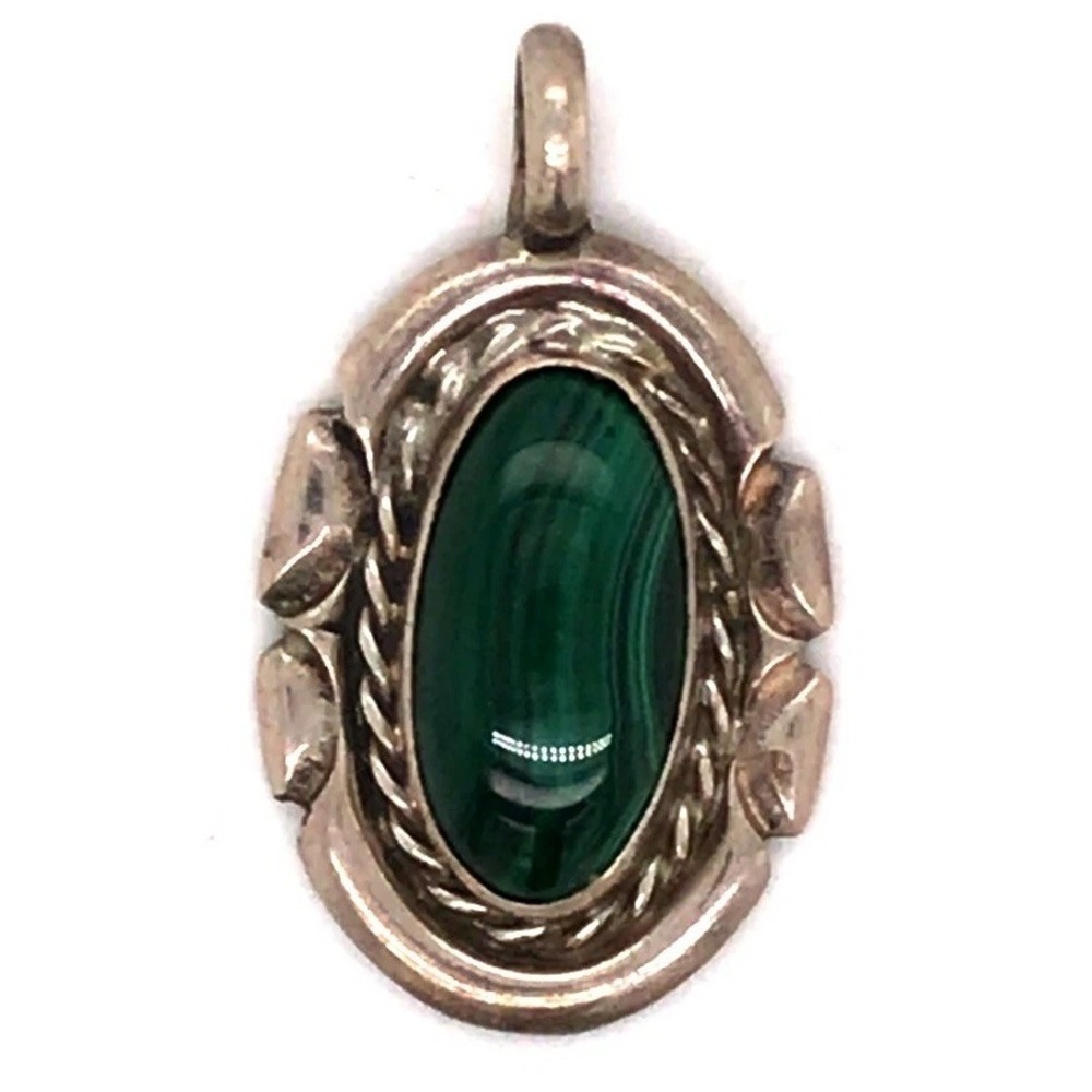 VTG Sterling Silver Oval Malachite Pendant Green Cabochon Southwestern 1"